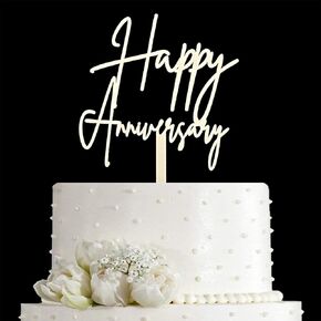 JIEEIN Happy Anniversary Cake Topper, Happy Birthday Cake Topper, Mirror Silver Acrylic
