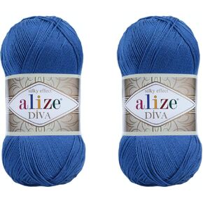 Alize Diva Yarn Hand Knitting Yarn 100% Microfiber Acrylic Yarn Alize Diva Silk Effect Thread Crochet Art Lace Craft Lot of 2 skeins 200gr 767 yds (132-Royal Blue)