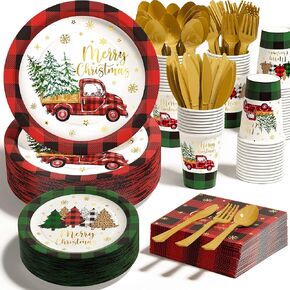 Christmas Party Decorations Supplies - 175 PCS Christmas Xmas Disposable Dinnerware Set(25 Guest) with Buffalo Plaid Truck Tree Paper Plates Napkin Cup Plastic Fork Knives Spoon for Holiday Decor