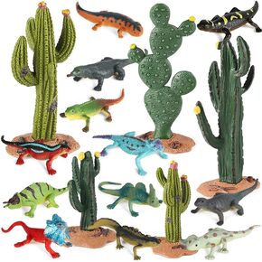 EOIVSH Desert Animal Figurines, 17pcs Model Trees Cactus Kit with Lizard Figures for Kids Toddlers, Reptile Toy Playset for Diorama Project Cake Topper Decorations
