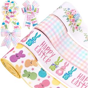 4 Roll 24yards Easter Wired Edge Ribbon ملون أرنب البيض السعيد عيد الفصح شريط النسيج من أجل الهدايا غلاف القوس الزهور لقضاء عطلة الربيع DIY الإمدادات الحرفية