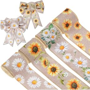 AnyDesign Floral Wired Edge Ribbon 24 Yards Daisy Flower Patterned Ribbon Rustic Flowers Craft Fabric Ribbon Spring Summer Decorative Ribbon for Wreath Bow Making DIY Crafts Wrapping Supplies, 4 Rolls