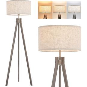 ELYONA Wood Tripod Floor Lamp for Bedroom, 3 Color Temperatures & Linen Shade, Modern Reading Standing Lamp with 9W LED Bulb, Mid Century Night Light for Farmhouse, Living Room, Office, Walnut