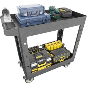 Large Garage Plastic Utility Cart, Heavy Duty 2 Shelf Tool Cart Service Cart Rolling Push Cart with Ergonomic Handle 5" Swivel Casters
