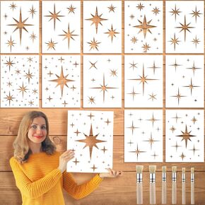 12 Pcs Large Star Stencil for Painting with 6 Pcs Stencil Brushes Reusable Paint Stencils for Walls Twinkle Wall Star Drawing Stencils for Painting on Wood Craft Canvas Fabric Home Decoration