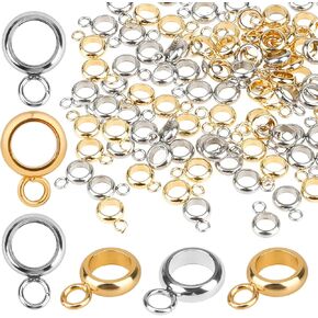100 Pcs Bail Beads Bail Tube Beads Gold Silver Connector Stainless Steel Tube Charm Column Spacer Beads Hanger Dangle Connector Links for Pendant Jewelry Making Bracelet Necklace Craft Accessories