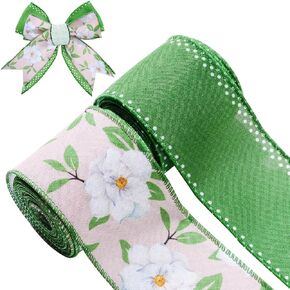 2 Rolls 10 Yards Vintage Floral Wired Edge Ribbon 2.5 Inch Pink Peony Rose Flower Printed Ribbon Spring Summer Decorative Fabric Ribbon for Gift Wrapping Bow Wreath Making Party Home Decor