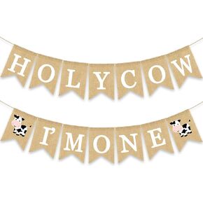 Holy Cow I'm One Banner Farm 1st Birthday Party Decoration Barnyard Burlap Garlands Western Boy Girl First Birthday Supplies White