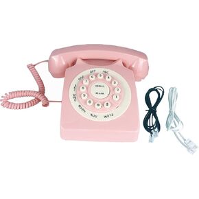 Pink Retro Landline Telephone Classic Rotary Design Old Fashioned Corded Desk Phone with Ringer for Home and Office, Basic 80s Phones for Senior People