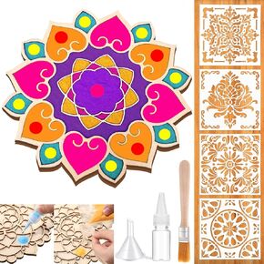 Weekgrat 11.8 Inch Diwali Rangoli Mats Mandala Sand Art Set Include 4 Pcs 6 Mandala Painting Stencils Wooden Coloring Mat Rangoli Stencils for Diwali Rangoli Festivals Home Decor Supplies