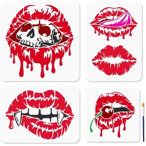 MAYJOYDIY 4 Pcs Lip Stencils Lip Skulls Stencil with Paint Brush 7.8-11.8 inch Halloween Vampires Reusable Cherry Lips Templates for Craft on Window Wood Wall Home Decor in Kuwait