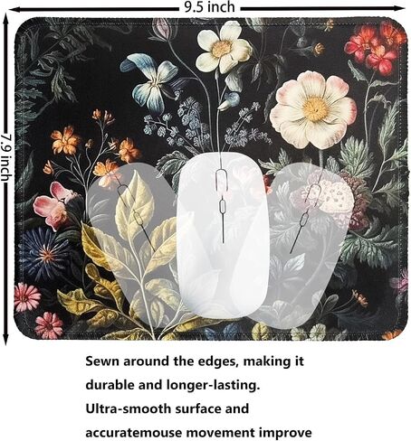Dark Cottagecore Flowers Square Mouse Pad with Non-Slip Rubber Base, Washable Mousepad Lycra Cloth Stitched Edge 9.5 x 7.9 Inch, Desk Accessories in Saudi Arabia