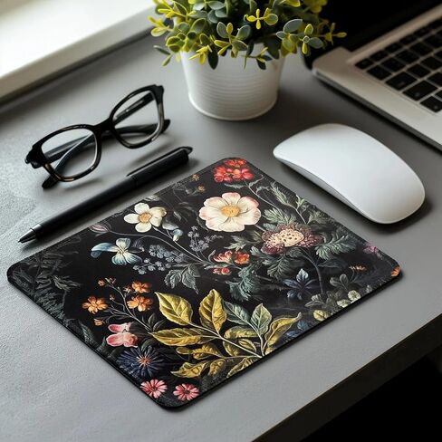 Dark Cottagecore Flowers Square Mouse Pad with Non-Slip Rubber Base, Washable Mousepad Lycra Cloth Stitched Edge 9.5 x 7.9 Inch, Desk Accessories in Saudi Arabia