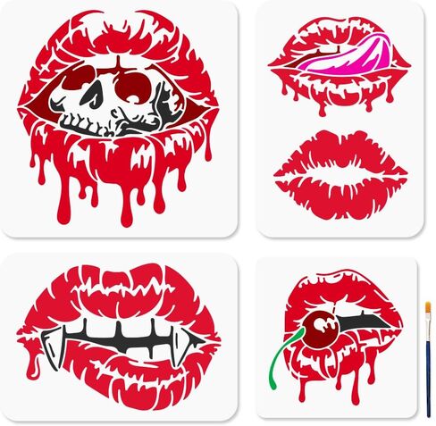 MAYJOYDIY 4 Pcs Lip Stencils Lip Skulls Stencil with Paint Brush 7.8-11.8 inch Halloween Vampires Reusable Cherry Lips Templates for Craft on Window Wood Wall Home Decor in Kuwait