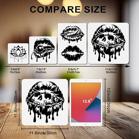 MAYJOYDIY 4 Pcs Lip Stencils Lip Skulls Stencil with Paint Brush 7.8-11.8 inch Halloween Vampires Reusable Cherry Lips Templates for Craft on Window Wood Wall Home Decor in Kuwait