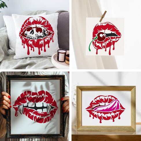 MAYJOYDIY 4 Pcs Lip Stencils Lip Skulls Stencil with Paint Brush 7.8-11.8 inch Halloween Vampires Reusable Cherry Lips Templates for Craft on Window Wood Wall Home Decor in Kuwait