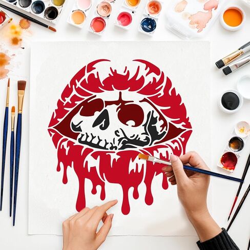 MAYJOYDIY 4 Pcs Lip Stencils Lip Skulls Stencil with Paint Brush 7.8-11.8 inch Halloween Vampires Reusable Cherry Lips Templates for Craft on Window Wood Wall Home Decor in Kuwait