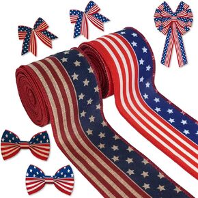 YKW 2 Rolls Patriotic Ribbon - 2.5 Inch x 5 Yards Each, American Flag Wired Ribbon Set, Vintage & Classic USA Stars and Stripes Decoration for Bow, Wreath, Holiday, Memorial Day,Veterans Day Deco