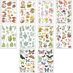 10 Sheets Rub on Transfers for Crafts Vintage Rub On Transfer Stickers Flower Plant Mushroom Butterfly Berry Stickers for Wood Fabric Furniture Decals for Home Office Scrapbooking Journals