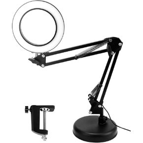 QWORK Magnifying Glass with Light and Stand, 10X Desk Lamp with Clamp and Base, LED Lighted Magnifier, 3 Color Modes and 10 Brightness Levels, Adjustable Swivel Arm Lamp, Black