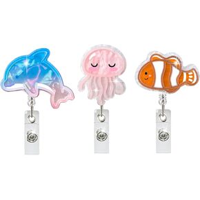 3PCS Ocean Series Badge Reels, Jellyfish, Dolphins and Clownfish Badge Holder Clip, Retractable 360°Rotation ID Name Tag Card Badge Holder for Nurse Doctor