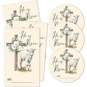 Happy Easter Stickers for Kids, He is Risen Stickers, Floral Religious Stickers Label, Self-Adhesive Stickers for Easter Holiday Party Gift Bags Snack Bags, 20 Round and 20 Square Stickers-C10