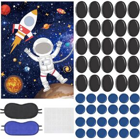 52 Pcs Outer Space Game Set Pin Mask on the Astronaut and Rocket Astronaut Game Poster with Blindfolds and Stickers for Kid Solar System Space Theme Birthday Party Favors Supplies