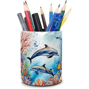 حامل القلم الزخرفي موقف للملحقات المكتبية ، PU Leather Pencer Marker Makeup Cup ، منظم القرطاسية للمكتب ، المدرسة ، المنزل (Blue White Gold Liquid)