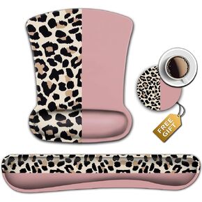 Pink Gaming Mouse Pad, Ergonomic Mouse Pad Wrist Rest Support with Gel, Quality Memory Foam Keyboard Wrist Pad for Home/Office Easy Typing Game Desk Mat with Non Slip PU Base, Brown Leopard Pattern