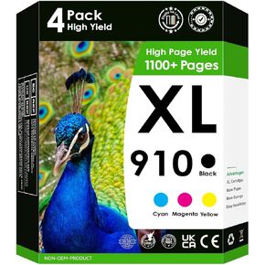 Compatible Ink Cartridge Replacement for HP 910XL High Yield Cartridges. Works for OfficeJet Pro 8028 8035 8022 8024 8025 Printers. 4 Pack (Black, Cyan, Magenta, Yellow)