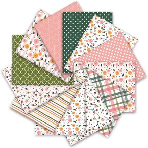 12Pcs Cotton Fabric Bundles Pink Green Floral Gingham Stripe Dot Fat Quarters Retro Quilting Patchwork for Spring DIY Craft Home Party Decor, 18 x 22 Inch