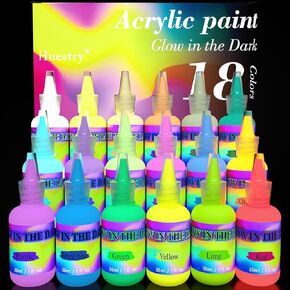 Glow in the Dark Paint, 18 Colors (30ml1/oz) Blacklight Acrylic Paint, Neon Craft Paint, Long Lasting Glow Fluorescent Paint Ideal for DIY Projects Halloween Easter Christmas Decorations