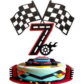 Racing Car 7th Birthday Cake Topper- Checkered Flag, Racing Track, Fire Wheel Cake Decoration Set for Kid's 7 Years old Sporty Car Birthday Party Supply