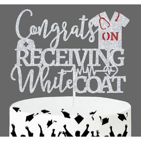 Congrats on Receiving White Coat Cake Topper, Future Doctor/Big Doctor Energy, Medical School College Survivor Graduation Party Decorations Supplies, Silver and Red Glitter