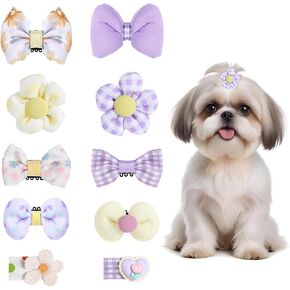 10 PCS Pink Small Dog Hair أقواس ، أقواس كلب لطيف مع عصابات مطاطية ، شعر جرو Barrette Bow Tie Bow Mix Mix Handmade Flower for Yorkie Accessories Cat Decoration (الأصفر + الأرجواني)