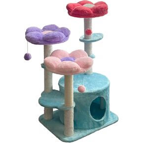 Flower Cat Tree, 42'' Cute Cat Tower with Large Metal Frame Hammock, Small Cat Tree Tower for Large Cats, 3 Pink Top Perches with Fluffy Ball, Cat Condo for Kittens and Adults Cats, Blue