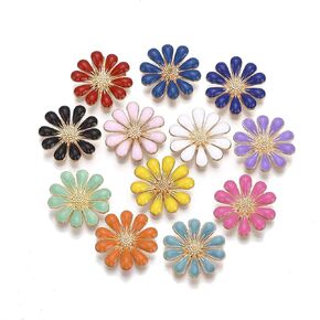 Beadthoven 50pcs 18mm Enamel Daisy Flower Cabochons No Hole Golden Metal Floral Blossom Cameo Cabochon Charm Beads for DIY Jewelry Making Supplies