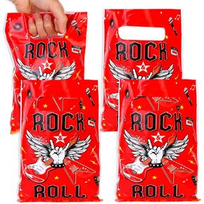 Serencatcher 50Pcs Rock and Roll Party Bags, Music Gift Goodie Candy Treat Bags, Plastic Gift Bags with Handles Black and Red for 1950s 80s 90s Rock N Roll Guitar Born to Rock Party Favors Decorations