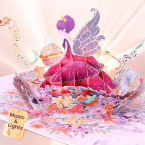 Birthday Card, 3D Pop-Up Birthday Card for Girls, Musical Birthday Card with Colorful Lights, Fairy Birthday Card for Girls, Daughters, and Granddaughters