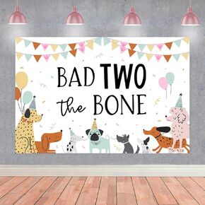 Bad Two the Bone Decorations, Dog 2nd Birthday Party Decorations Backdrop Banner for 2 Year Old Puppy Themed Birthday Party Photography Background