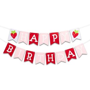 Strawberry Theme Happy Birthday Banner, Pink Birthday Decorations, Colorful Birthday Banner Sign, Party Supplies for Kids Baby Adults Birthday, Anniversary...8 Feet