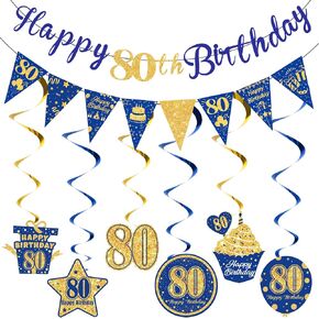 Blue 80th Birthday Decorations for Men Women Navy Blue and Gold Happy 80th Birthday Banner Glittery Hanging Swirls Triangle Flag Banner for Blue Gold 80th Birthday Party Supplies