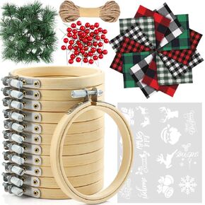 Caydo 12 Set Christmas Ornament Kit تشمل 12 درجة مئوية 3 بوصة تطريز طوق ، نسيج منقوش عيد الميلاد ، نمط نقل الحرارة ، إبر الصنوبر الاصطناعية ، Berrie الاصطناعية لزينة عيد الميلاد DIY