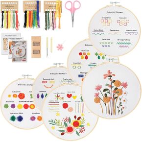 KintKita 4 Sets Embroidery Kit for Beginners Adults & Kids to Learn 29 Basic Embroidery Stitch Practice Kit,Embroidery Starter Kit for Beginners with Embroidery Patterns, Hoop,Threads,Tools, White