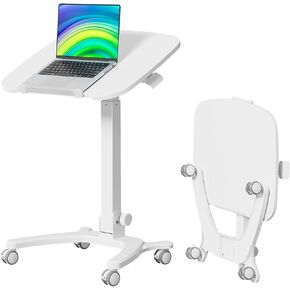 Foldable Mobile Standing Desk, 27"×21" Portable Rolling Laptop Desk with 90° Tiltable Board, Height Adjustable Mobile Desk Workstation with Wheels, Folding Desk for Home Office, White