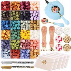 Wax Seal Stamp Kit with 24 Colors Wax Seal Beads 600pcs, WASOHLING 2PCS Love Heart Wax Seal Stamps with Electric Sealing Wax Warmer Set, Envelopes and Wax Seal Metallic Pen for Letter Sealing