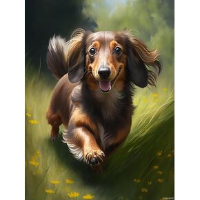 PUAGEMTI Diamond Painting Kits for Adults, Dachshund is Frolicking on The Grass 5D DIY Diamond Art Kits Full Drill Diamond for Gift Wall Decor Gem Arts Adorable Animal 12x16 inch