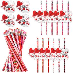 ReliThick 50 Pcs Valentines Pencils Cross Through Heart Shaped Valentines Day Gift Cards Heart Wood Pencils with Eraser Top for Carnival Prize Classroom Exchange Party Favor Party Bag Filler
