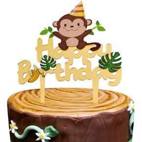 Gold Acrylic Monkey Happy Birthday Cake Topper, Monkey Birthday Cake Decor, Safari Jungle Themed Birthday Party Supplies, Zoo Animals Centerpiece