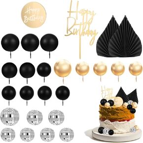 26 PCS Mini Ball Cake Topper, Disco Ball Palm Leaves Cake Topper Black & Gold Ball Shaped Cupcake Toppers Cake Decoration Supplies for Birthday Wedding Anniversary Valentine Party